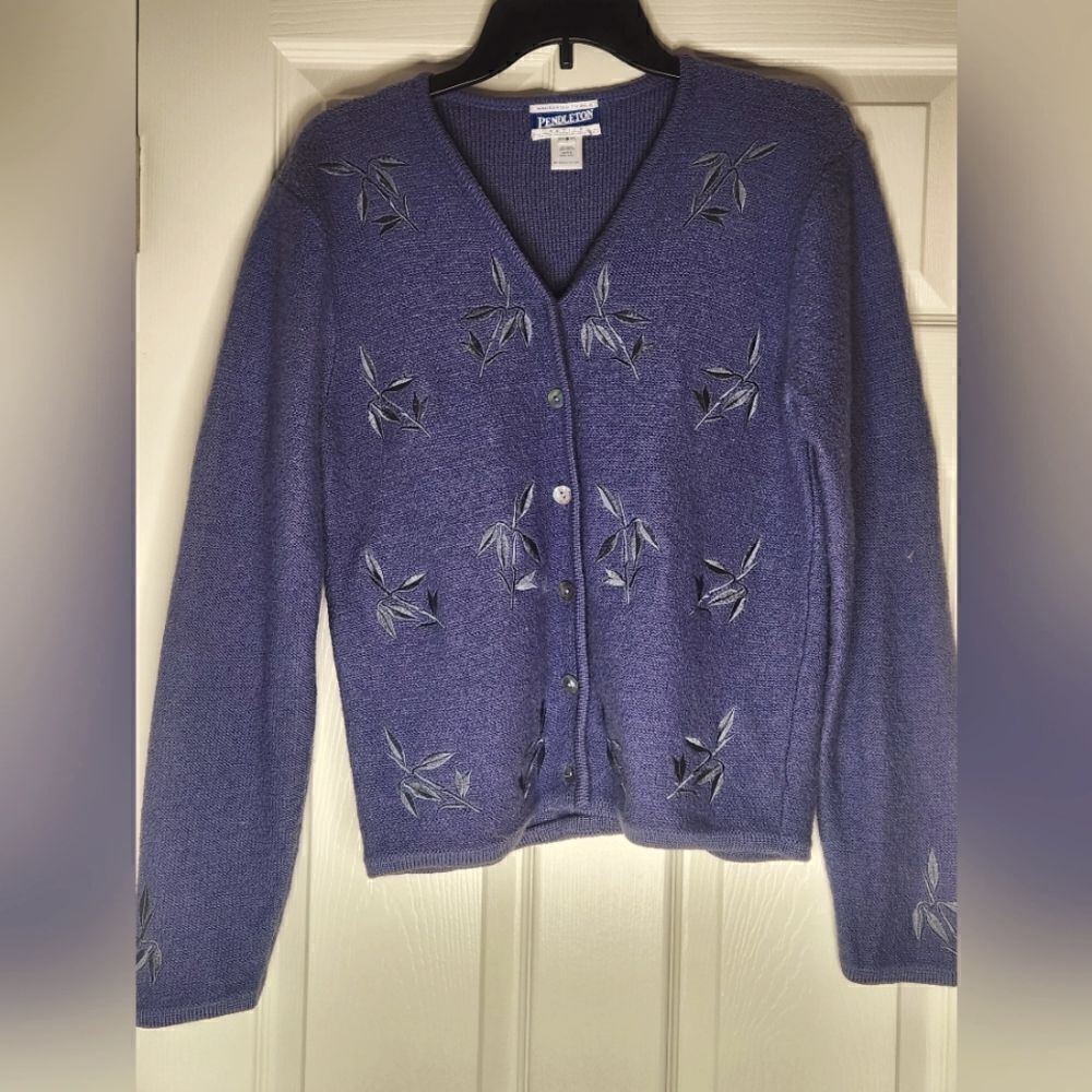 Vtg Pendleton SP SlateBlue Embroidered 100%VirginWool ButtonsUp Women’s Cardigan